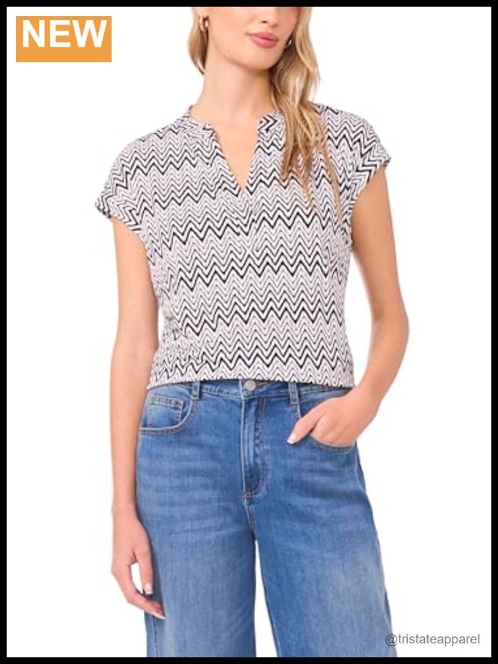 V-Neck Short Sleeve Zig Zag Cotton Blouse